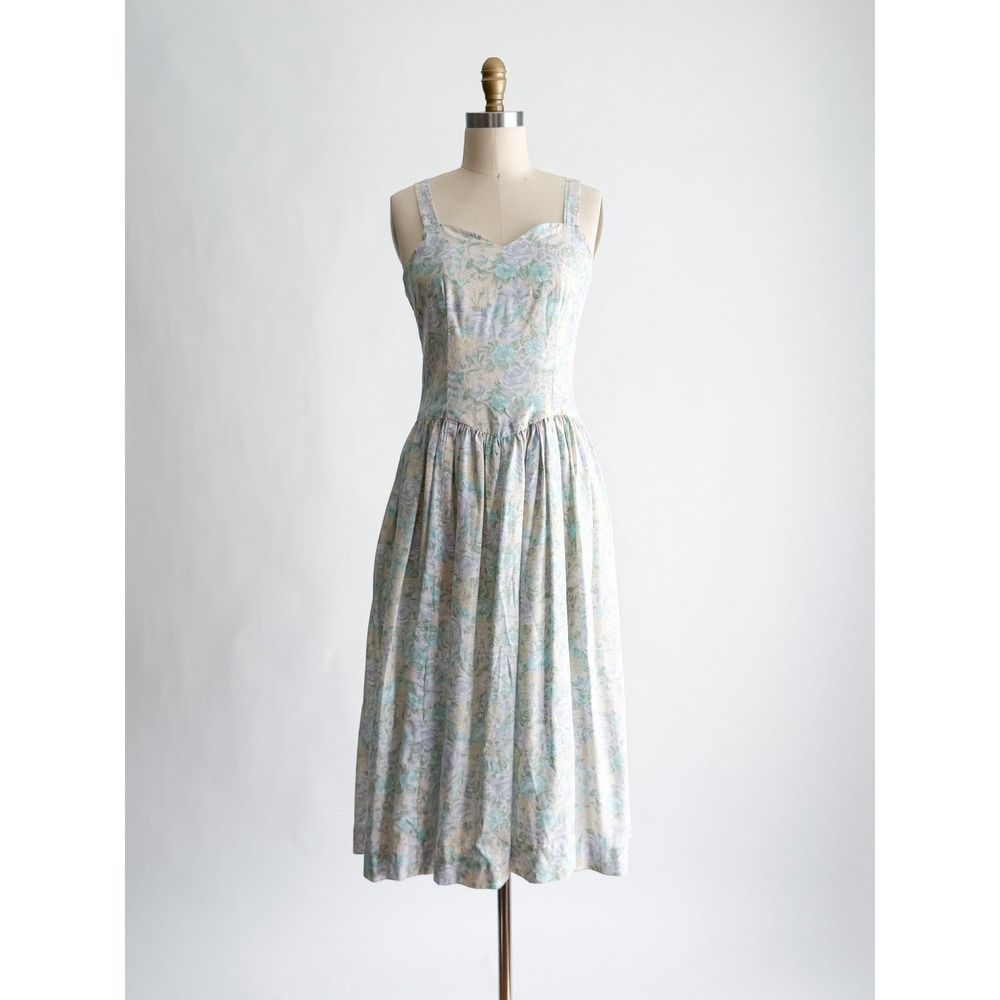 Vintage Floral Midi Dress Cottagecore Pastel Dropped Waist Sweetheart Blue Green